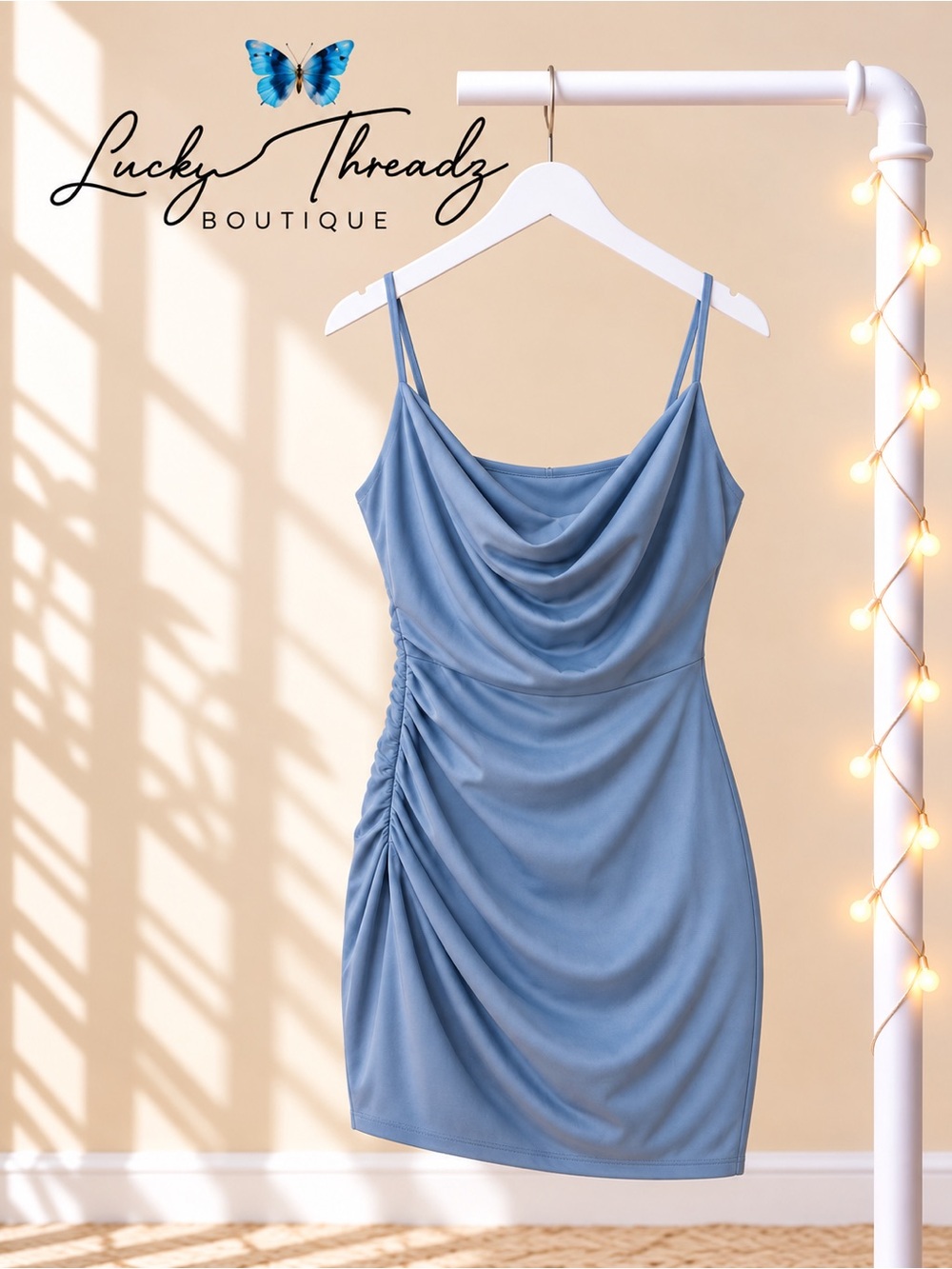 Windsor Dusty Blue Cowl Neck Ruched Bodycon Mini Dress M Holiday Party Night Out